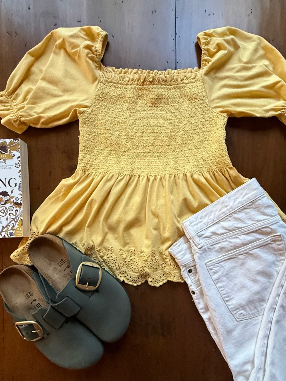 Polo Ralph Lauren Yellow Smocked Puff-Sleeve Peplum Top Eyelet